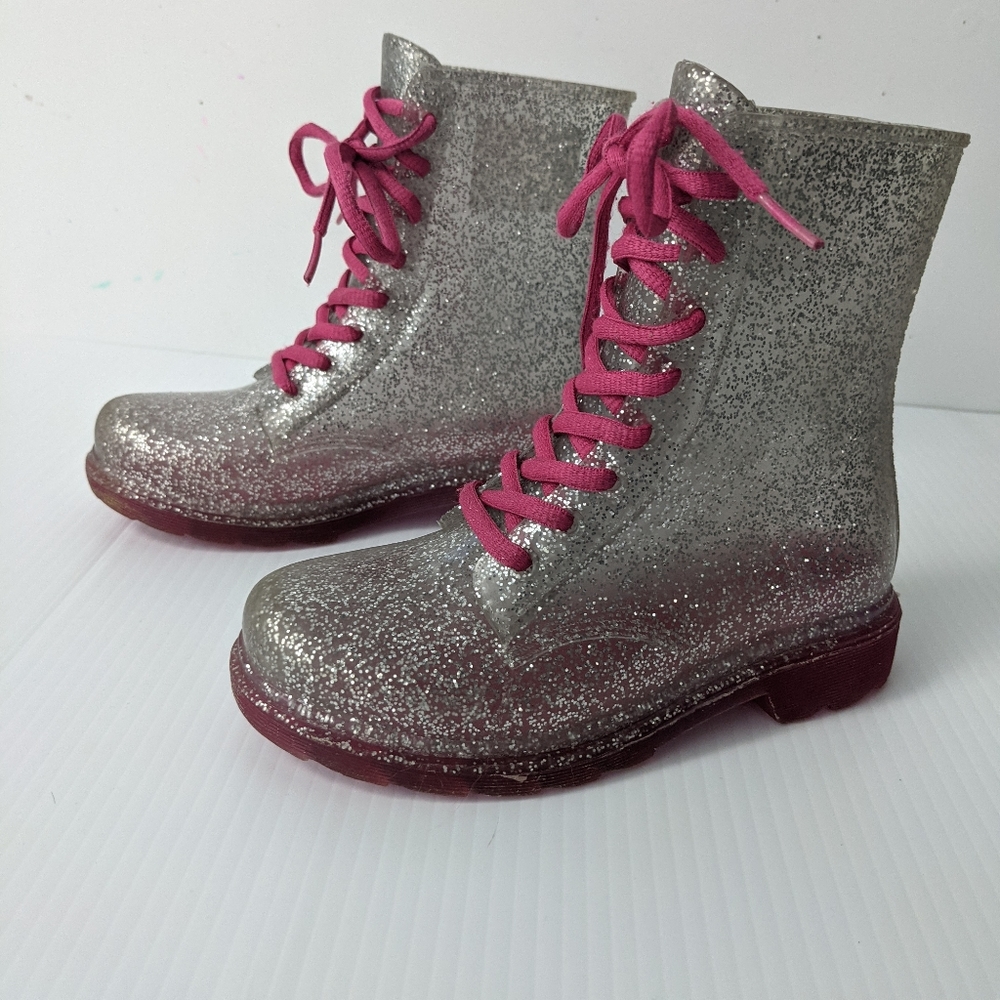 Girls Sparkle Rain Combat Style Boots with pink Laces - Sz. 11-12